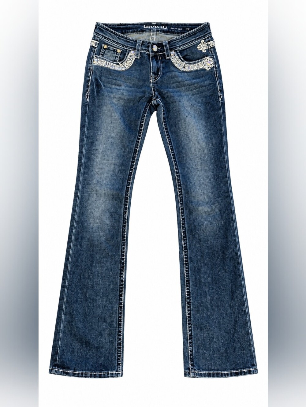 Grace in LA Size 27 Low Rise Bootcut Embellished Rhinestone Cross Jeans - Picture 3 of 6